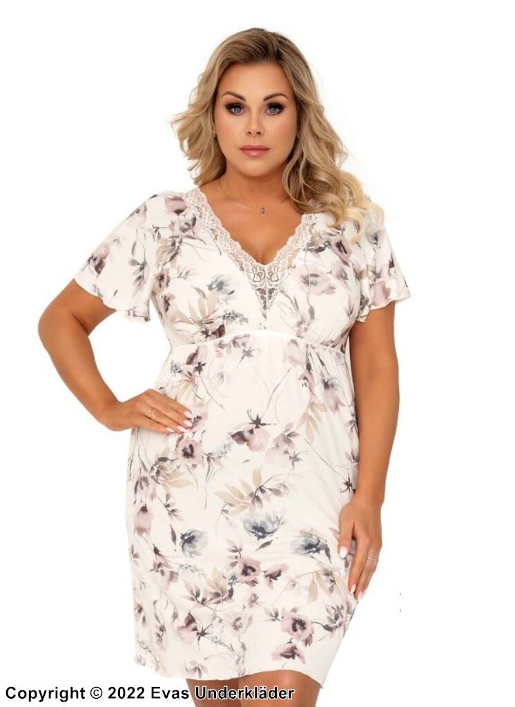 Nachthemd, hochwertige Viskose, Spitzenbesatz, kurze Ärmel, Blumen, Plus Size